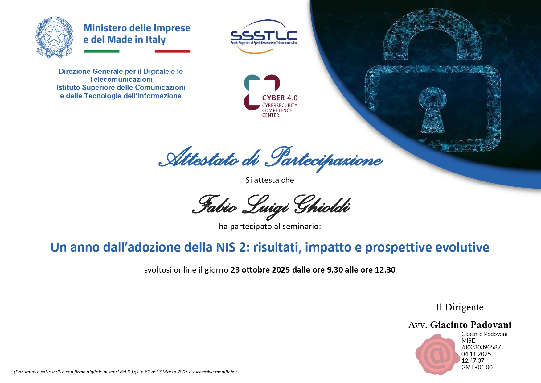 Attestato Fabio Luigi Ghioldi