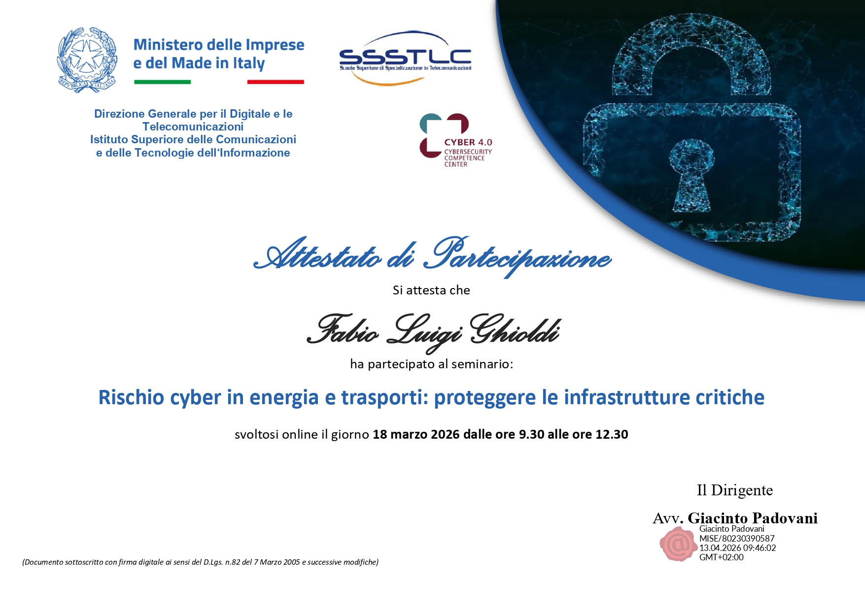 Attestato seminario Cybersicurity